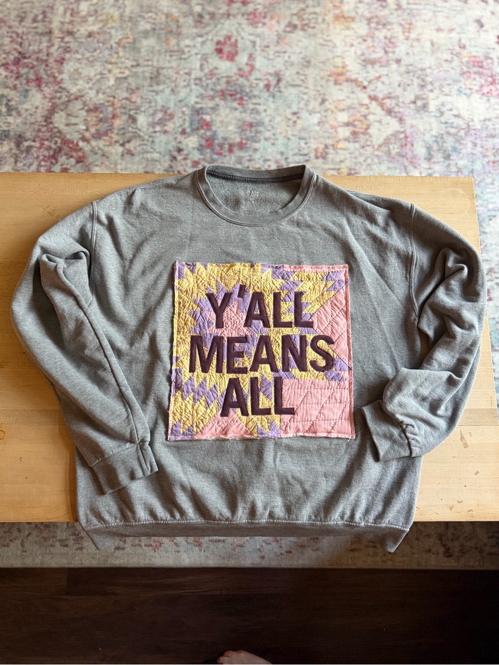 Y'ALL MEANS ALL Gray Crewneck Sweatshirt with Pink & Yellow Patch